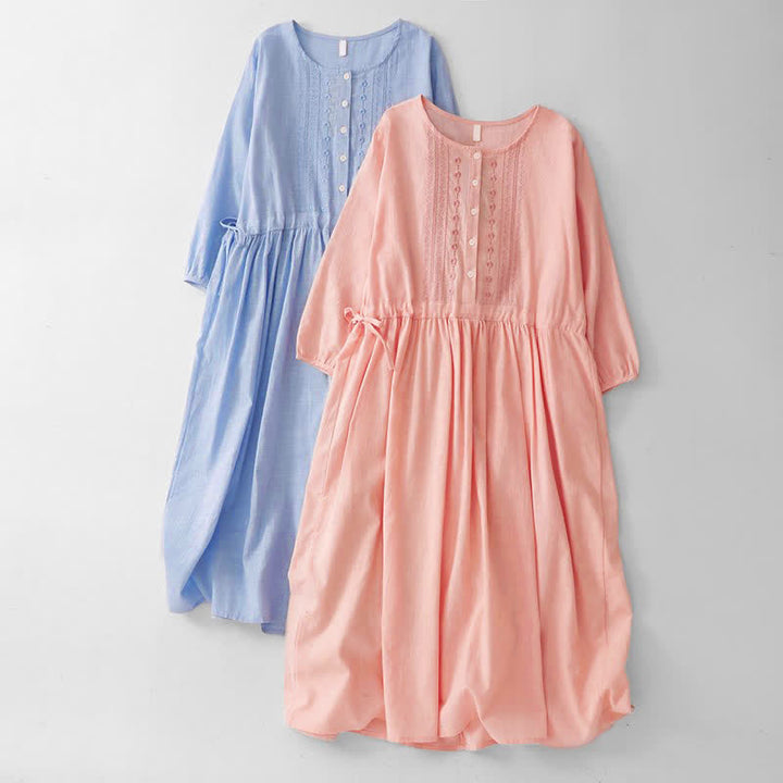 Buddha Stones Spring Summer Casual Vintage Button-Up Drawstring Solid Crew Neck Women's Three-Quarter Sleeve Dress - image 0