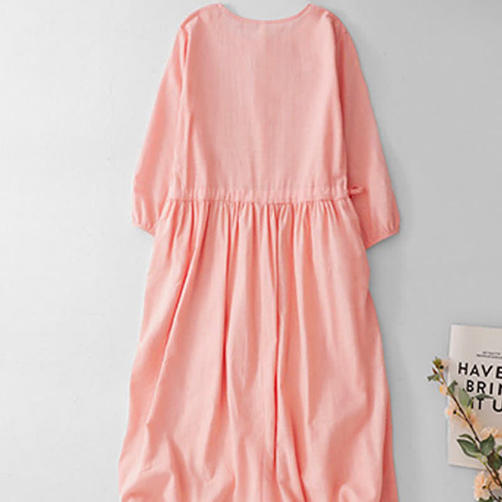 Buddha Stones Spring Summer Casual Vintage Button-Up Drawstring Solid Crew Neck Women's Three-Quarter Sleeve Dress - image 10