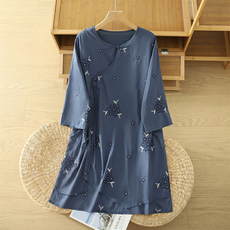 Buddha Stones Summer Casual Embroidery Floral Crew Neck Women's Three-Quarter Sleeve Dress With Pockets - SteelBlue - US14, UK/AU18, EU46 (2XL) - image 0