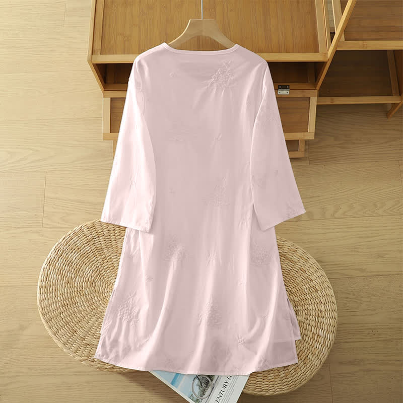 Buddha Stones Summer Casual Embroidery Floral Crew Neck Women's Three-Quarter Sleeve Dress With Pockets - image 7