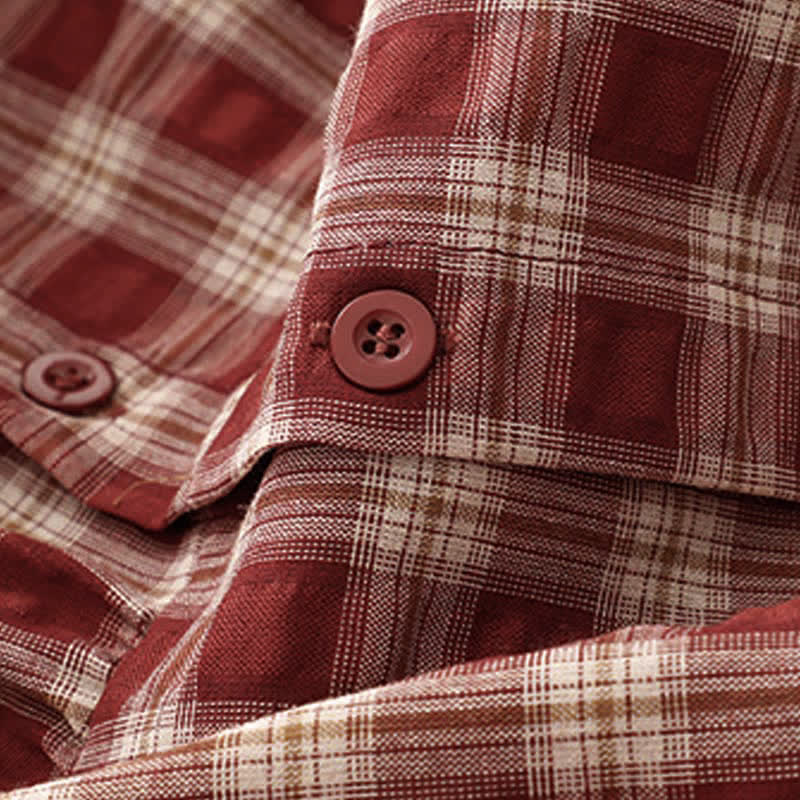 Buddha Stones Fall Casual Vintage Button-Up Red Plaid Tiered Women's Long Sleeve Dress With Pocket - image 4