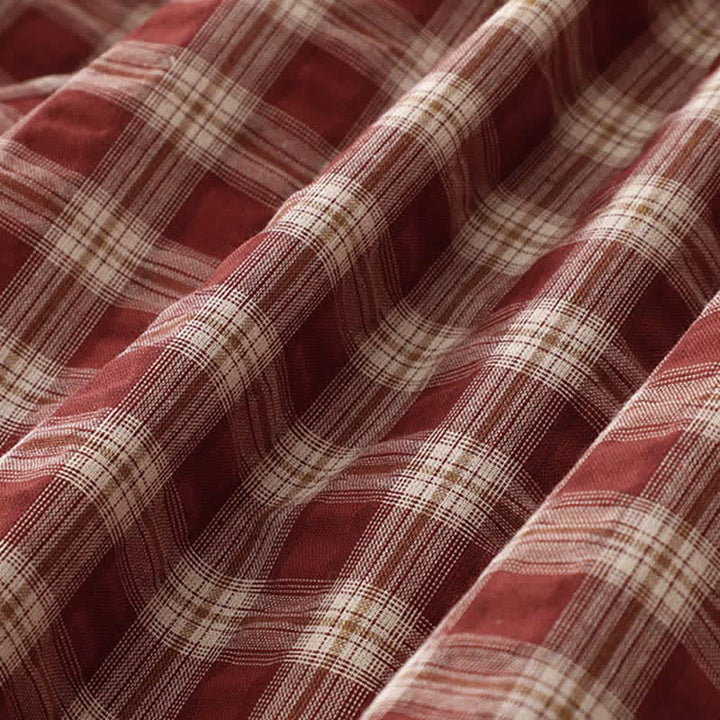 Buddha Stones Fall Casual Vintage Button-Up Red Plaid Tiered Women's Long Sleeve Dress With Pocket - image 10
