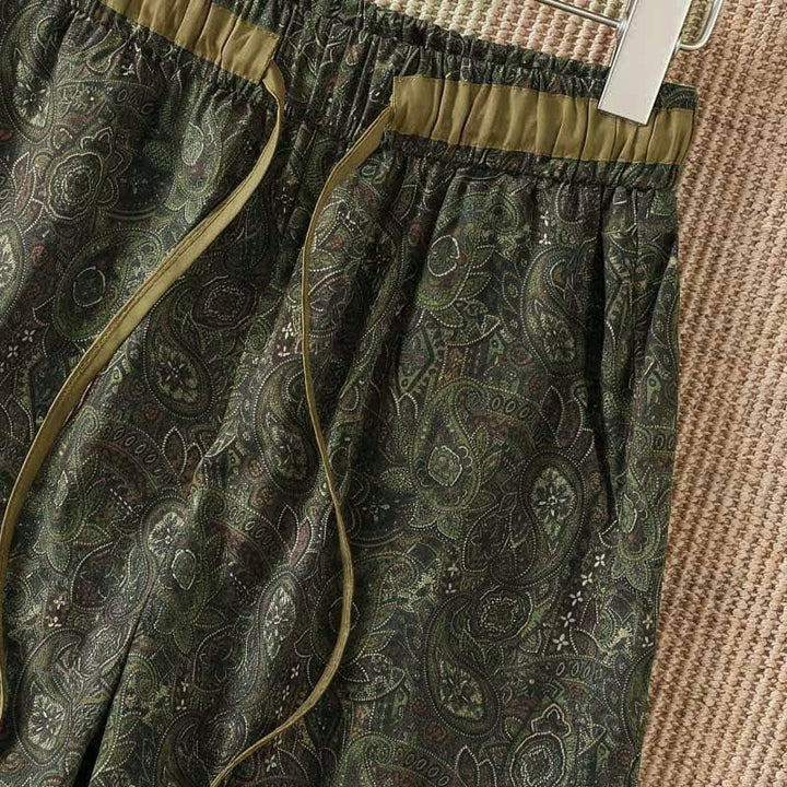 Buddha Stones Spring Summer Boho Drawstring Green Abstract Long Pants Women's Wide Leg Pants With Pocket - image 5