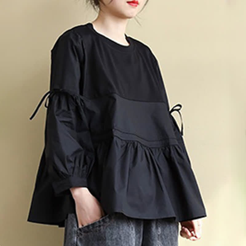 Buddha Stones Spring Fall Casual Vintage Crew Neck Peplum Hem Drawstring Solid Women's Long Sleeve T-Shirt - image 19