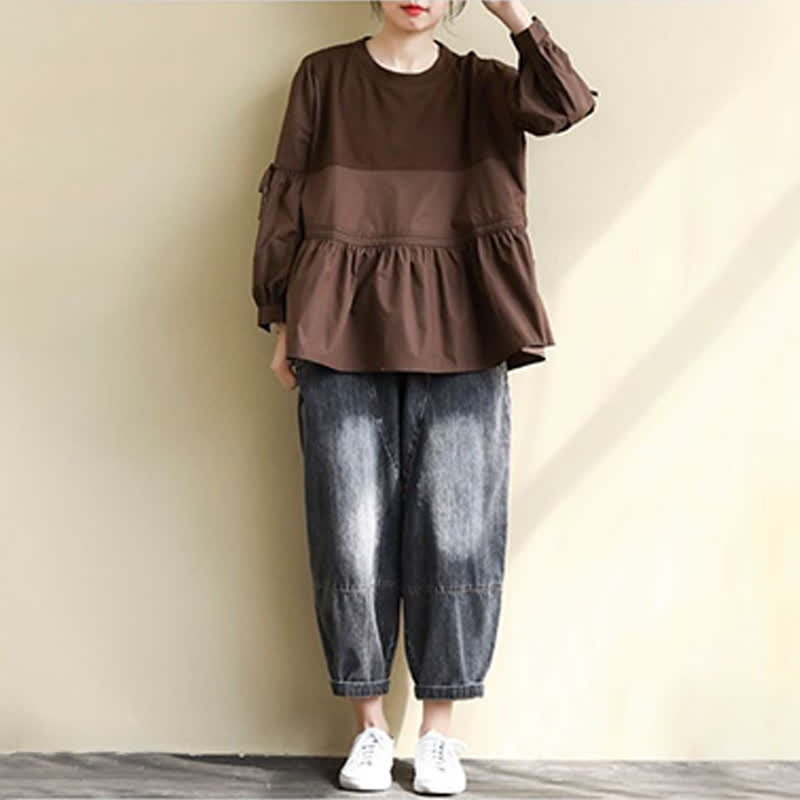 Buddha Stones Spring Fall Casual Vintage Crew Neck Peplum Hem Drawstring Solid Women's Long Sleeve T-Shirt - image 13