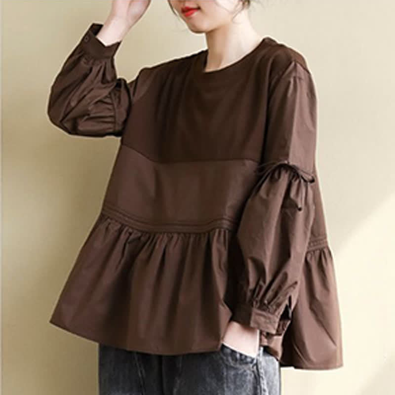 Buddha Stones Spring Fall Casual Vintage Crew Neck Peplum Hem Drawstring Solid Women's Long Sleeve T-Shirt - image 2