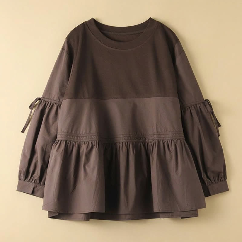 Buddha Stones Spring Fall Casual Vintage Crew Neck Peplum Hem Drawstring Solid Women's Long Sleeve T-Shirt - image 6