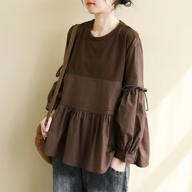 Buddha Stones Spring Fall Casual Vintage Crew Neck Peplum Hem Drawstring Solid Women's Long Sleeve T-Shirt - image 5