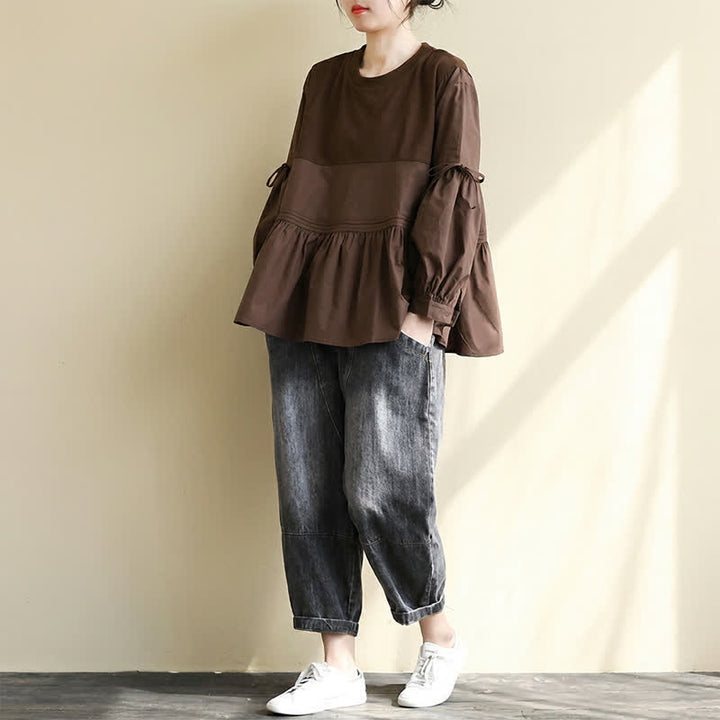 Buddha Stones Spring Fall Casual Vintage Crew Neck Peplum Hem Drawstring Solid Women's Long Sleeve T-Shirt - image 15