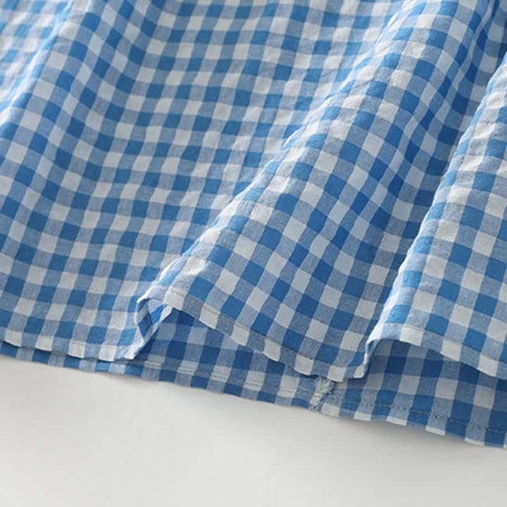 Buddha Stones Spring Casual Vintage Light Blue Plaid Crew Neck Women's Long Sleeve Dress With Pocket - image 9