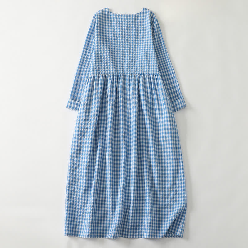 Buddha Stones Spring Casual Vintage Light Blue Plaid Crew Neck Women's Long Sleeve Dress With Pocket - image 1