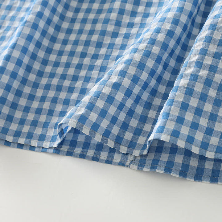 Buddha Stones Spring Casual Vintage Light Blue Plaid Crew Neck Women's Long Sleeve Dress With Pocket - image 10