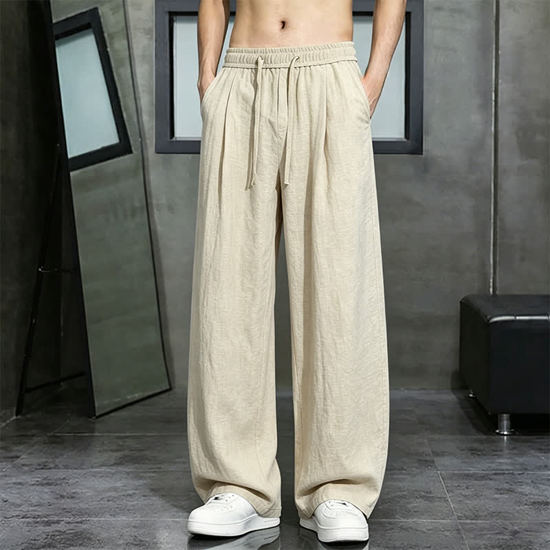 Buddha Stones Spring Summer Casual Drawstring Solid Long Pants Men's Straight Leg Pants With Pocket - Wheat - US/UK/AU46, EU56 (5XL) - image 0
