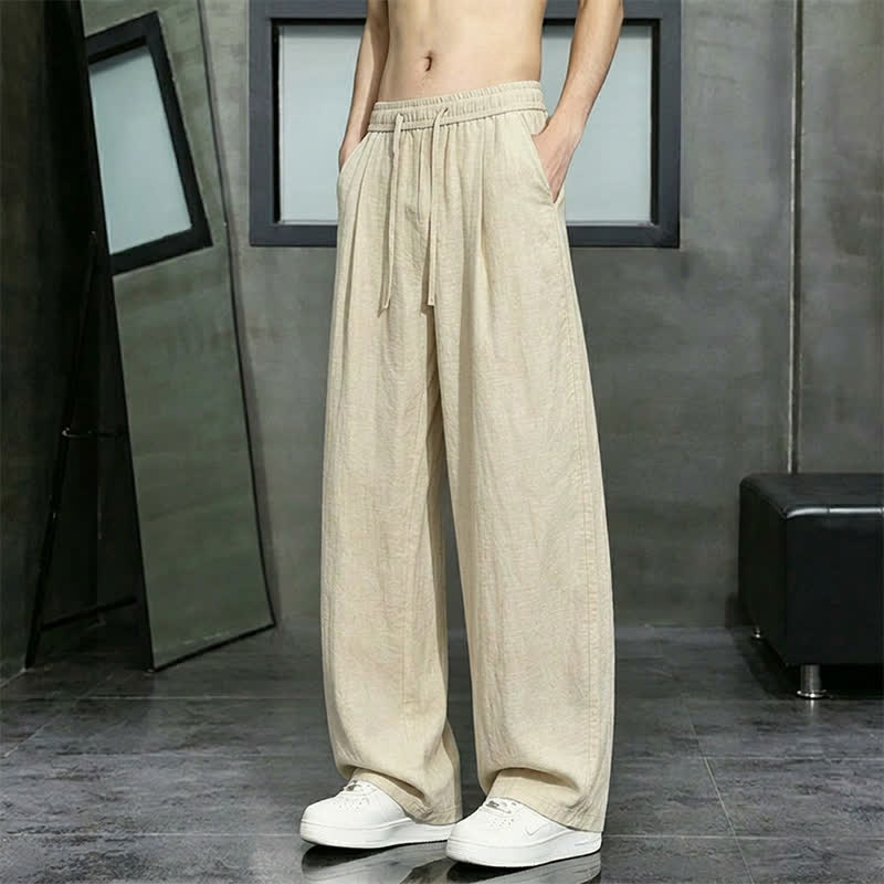 Buddha Stones Spring Summer Casual Drawstring Solid Long Pants Men's Straight Leg Pants With Pocket - image 1