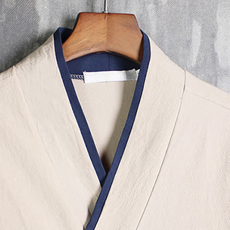 Buddha Stones Spring Fall Casual Tang Style Drawstring Contrast Trim Solid Men's Kimono - image 2
