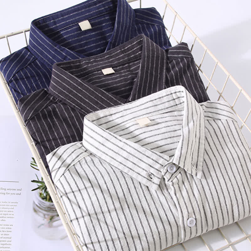 Buddha Stones Spring Fall Casual Minimalist Button-Up Vertical Striped Men's Long Sleeve Shirts With Patch Pocket - image 13