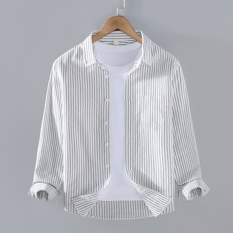 Buddha Stones Spring Fall Casual Minimalist Button-Up Vertical Striped Men's Long Sleeve Shirts With Patch Pocket - White - US/UK/AU42, EU52 (3XL) - image 0