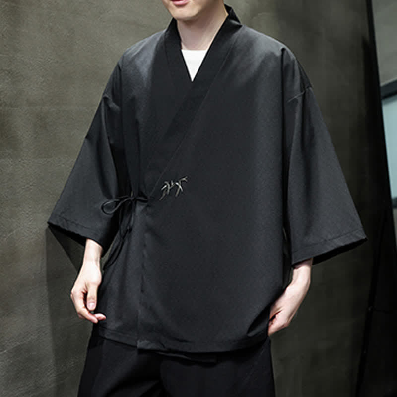 Buddha Stones Summer Tang Style Minimalist Drawstring Bamboo Solid Three-Quarter Sleeve Men's Kimono - image 14