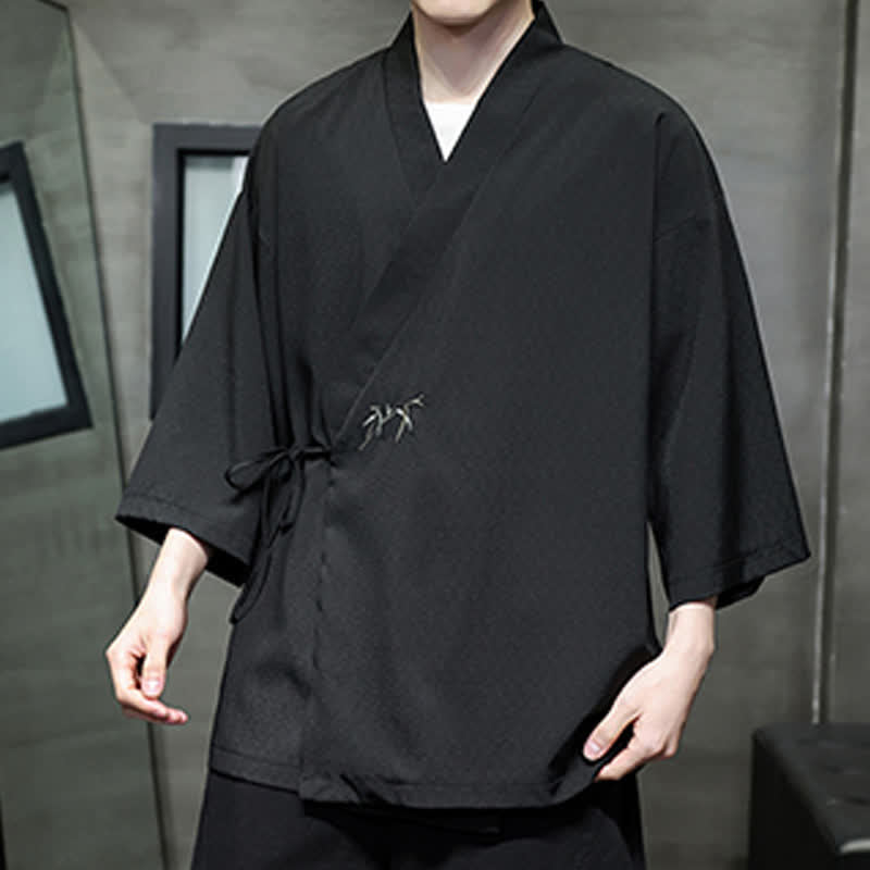 Buddha Stones Summer Tang Style Minimalist Drawstring Bamboo Solid Three-Quarter Sleeve Men's Kimono - image 17