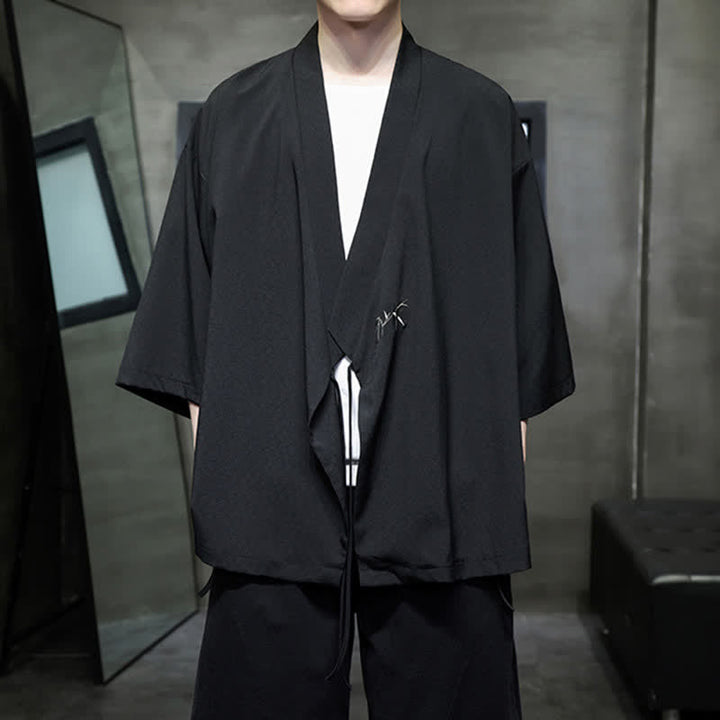 Buddha Stones Summer Tang Style Minimalist Drawstring Bamboo Solid Three-Quarter Sleeve Men's Kimono - image 10