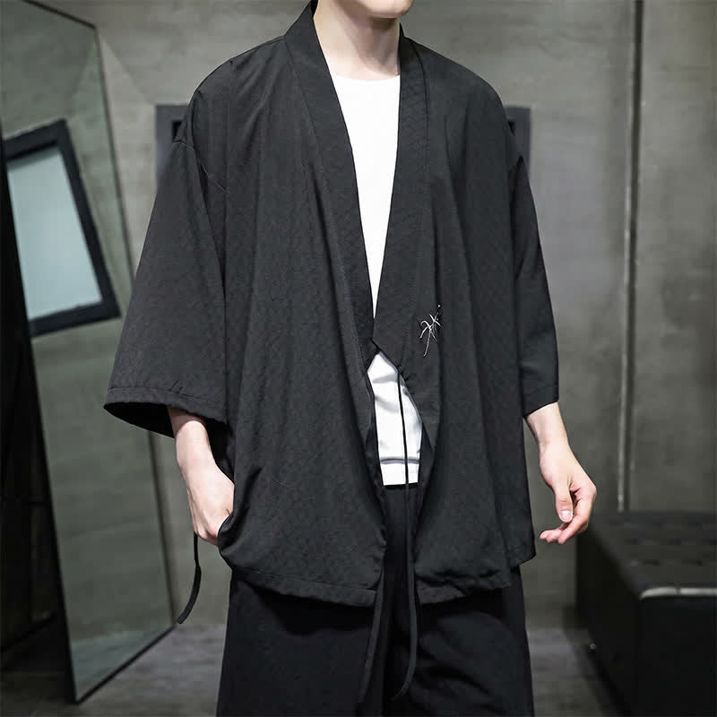 Buddha Stones Summer Tang Style Minimalist Drawstring Bamboo Solid Three-Quarter Sleeve Men's Kimono - image 12