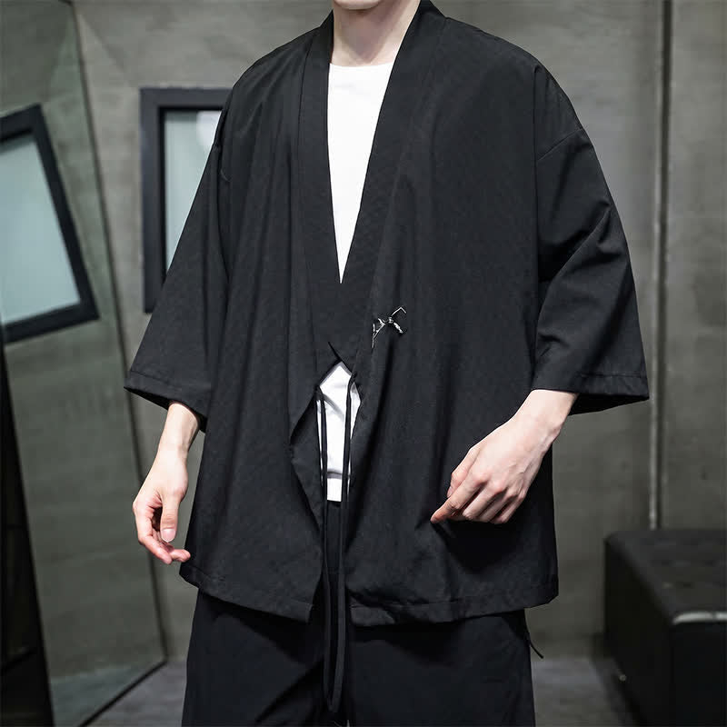 Buddha Stones Summer Tang Style Minimalist Drawstring Bamboo Solid Three-Quarter Sleeve Men's Kimono - image 13
