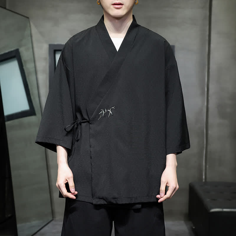 Buddha Stones Summer Tang Style Minimalist Drawstring Bamboo Solid Three-Quarter Sleeve Men's Kimono - Black - US/UK/AU46, EU56 (5XL) - image 7
