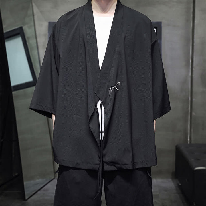 Buddha Stones Summer Tang Style Minimalist Drawstring Bamboo Solid Three-Quarter Sleeve Men's Kimono - image 8