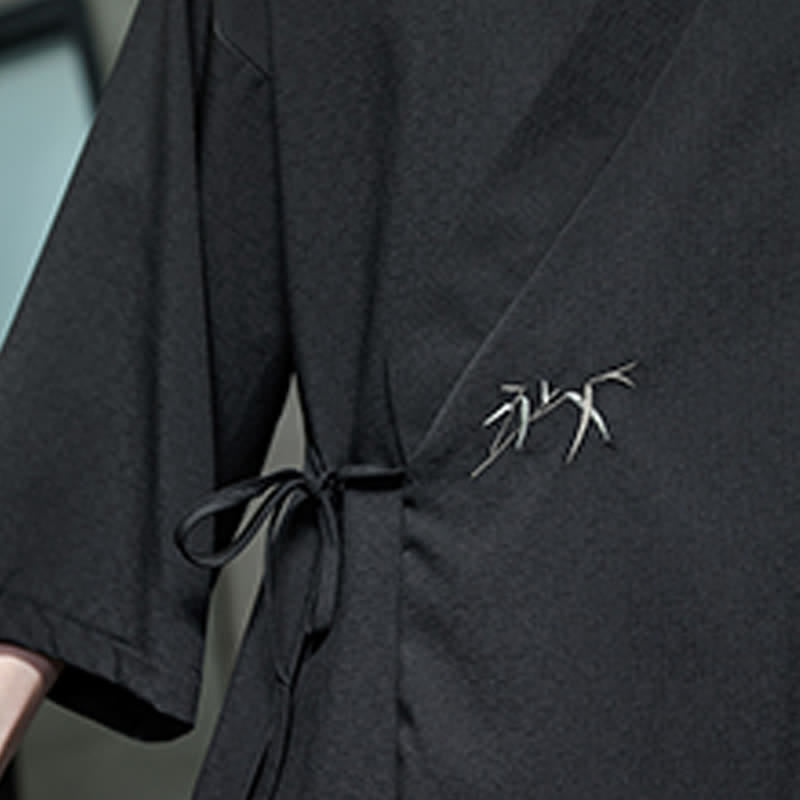 Buddha Stones Summer Tang Style Minimalist Drawstring Bamboo Solid Three-Quarter Sleeve Men's Kimono - image 20