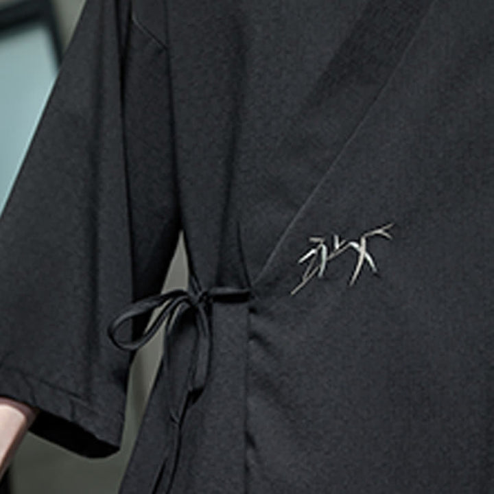 Buddha Stones Summer Tang Style Minimalist Drawstring Bamboo Solid Three-Quarter Sleeve Men's Kimono - image 20