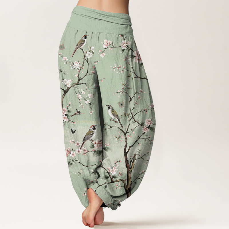 Buddha Stones Cotton Cherry Blossoms Bird Pattern Women's Elastic Waist Harem Pants - image 2