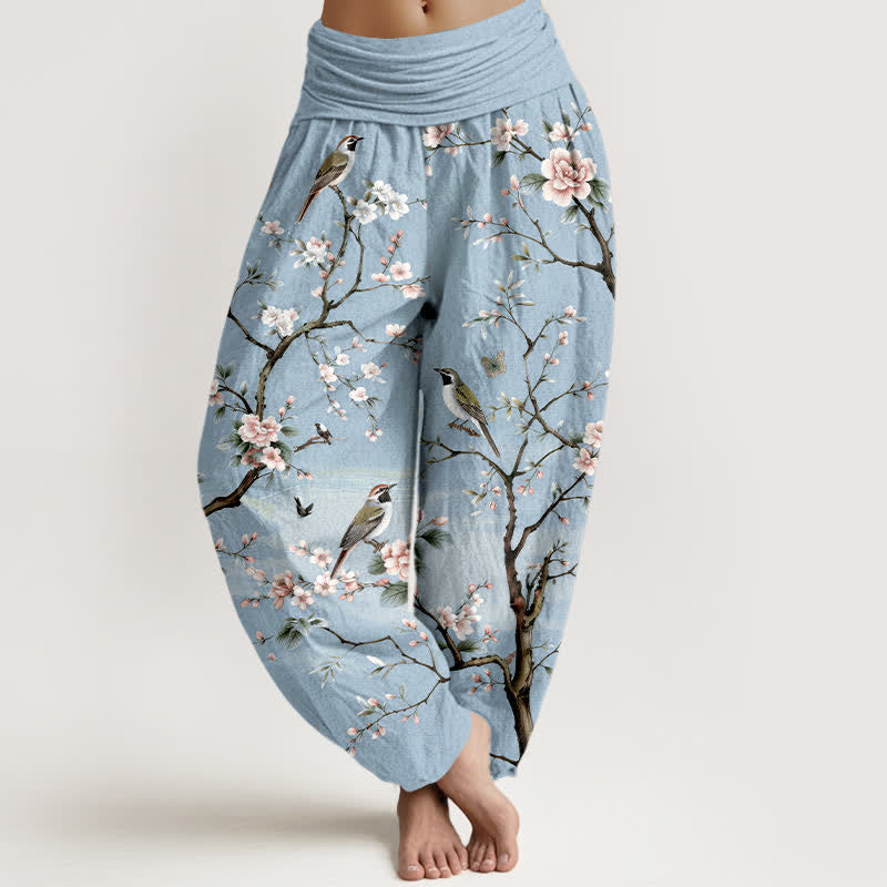 Buddha Stones Cotton Cherry Blossoms Bird Pattern Women's Elastic Waist Harem Pants - PowderBlue - US16，UK/AU20，EU48 (3XL) - image 5