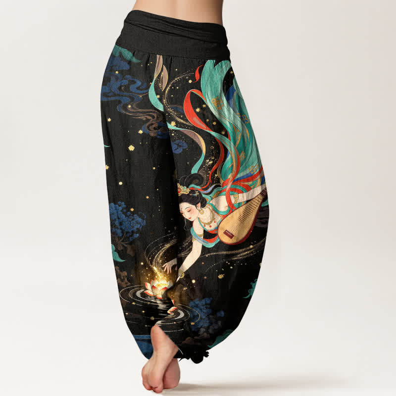 Buddha Stones Cotton Celestial Musician Lotus Pattern Women's Elastic Waist Harem Pants - image 2