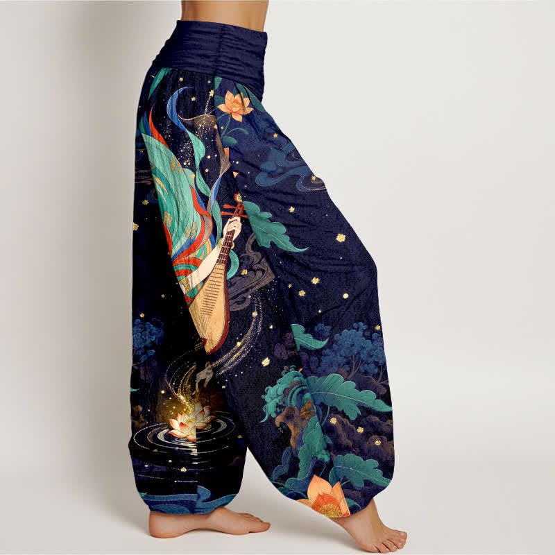 Buddha Stones Cotton Celestial Musician Lotus Pattern Women's Elastic Waist Harem Pants - image 6