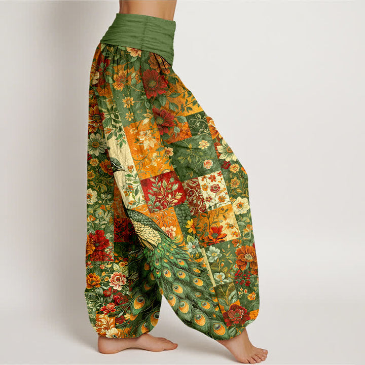 Buddha Stones Cotton Peacock Floral Patchwork Pattern Women's Elastic Waist Harem Pants - image 9