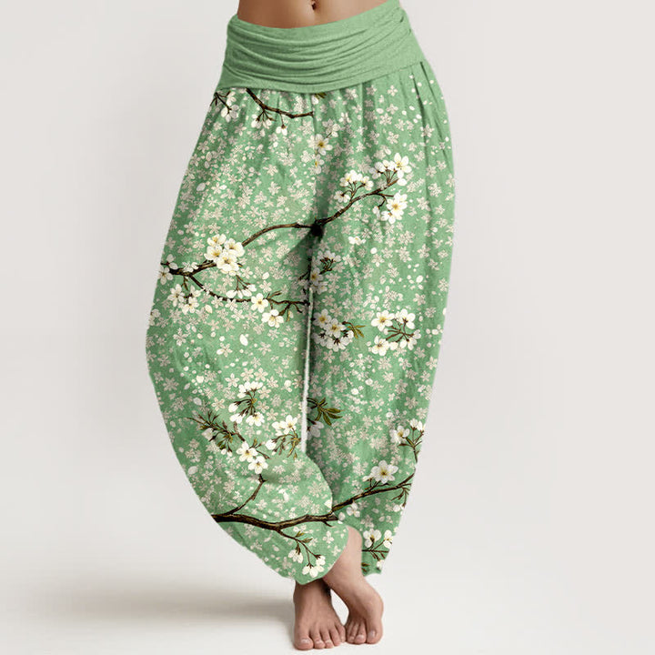 Buddha Stones Cotton White Blossom Branch Pattern Women's Elastic Waist Harem Pants - LightGreen - US16，UK/AU20，EU48 (3XL) - image 0