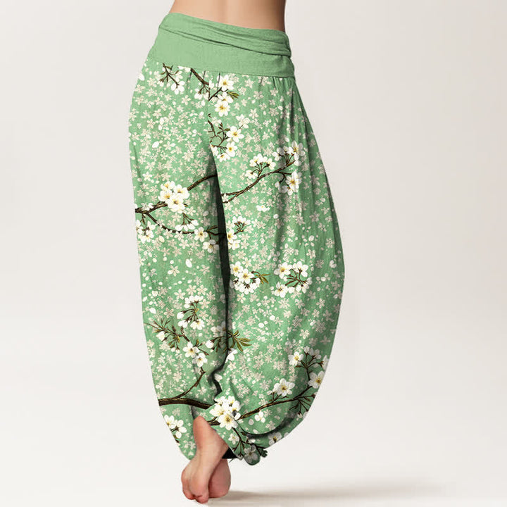 Buddha Stones Cotton White Blossom Branch Pattern Women's Elastic Waist Harem Pants - image 2