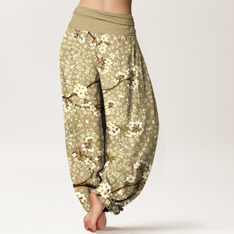 Buddha Stones Cotton White Blossom Branch Pattern Women's Elastic Waist Harem Pants - image 10