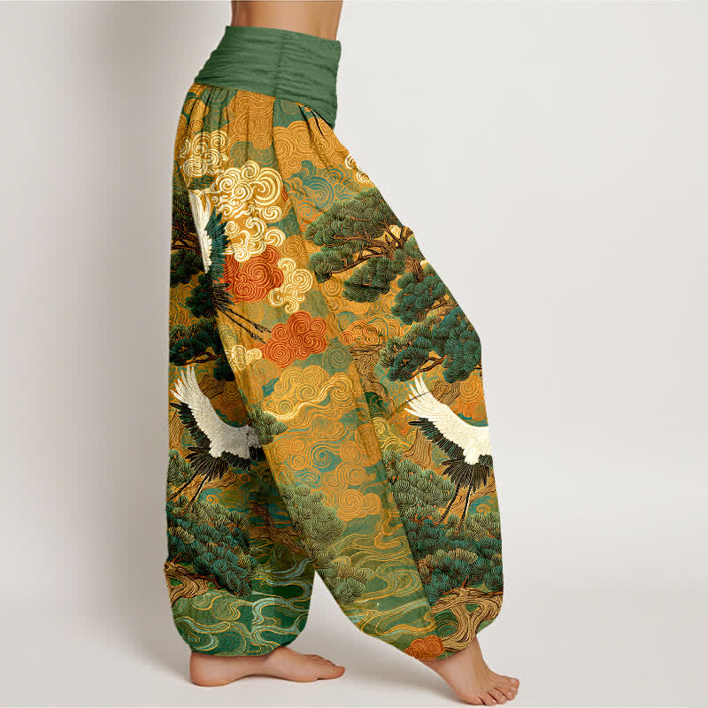 Buddha Stones Cotton Crane Pine Wave Pattern Women's Elastic Waist Harem Pants - image 1