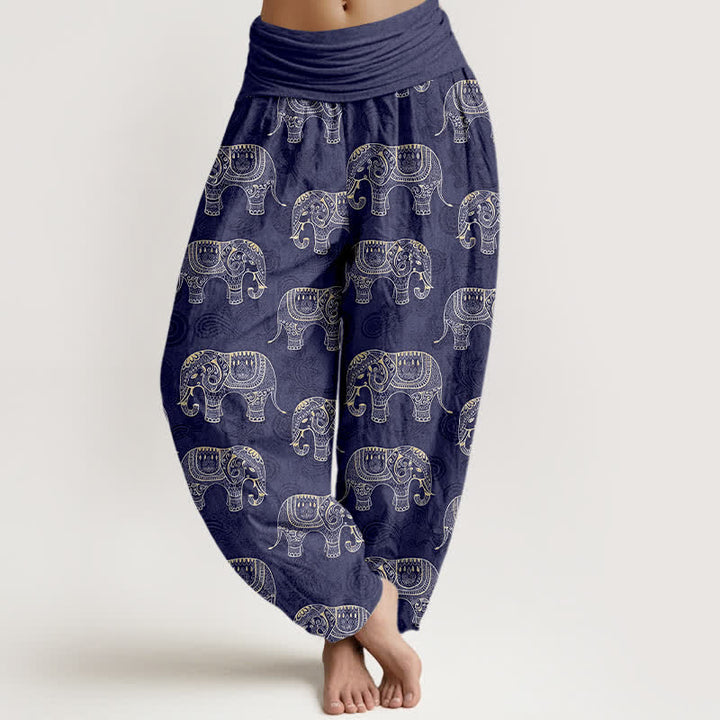 Buddha Stones Cotton White Elephant Pattern Women's Elastic Waist Harem Pants - Navy - US16，UK/AU20，EU48 (3XL) - image 0