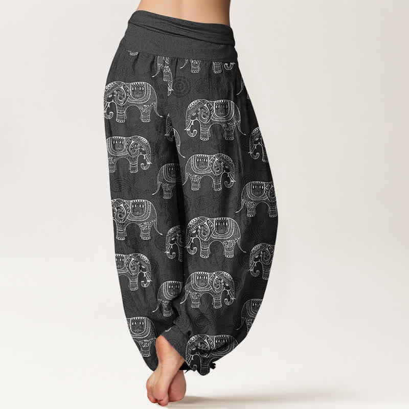 Buddha Stones Cotton White Elephant Pattern Women's Elastic Waist Harem Pants - image 10
