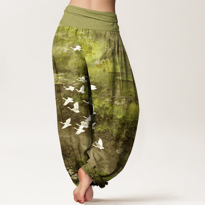 Buddha Stones Cotton Forest Lake Flying Bird Pattern Women's Elastic Waist Harem Pants - image 7