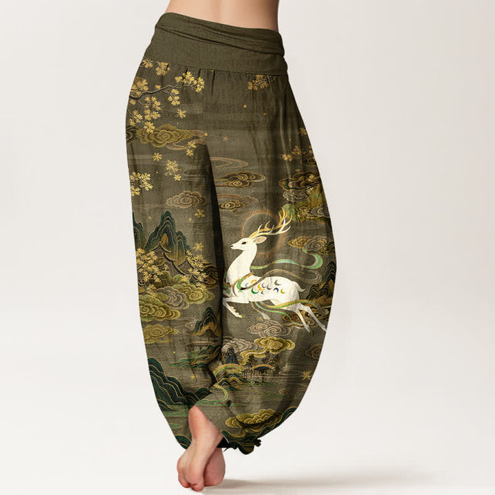 Buddha Stones Cotton White Deer Mountain Pattern Women's Elastic Waist Harem Pants - image 10