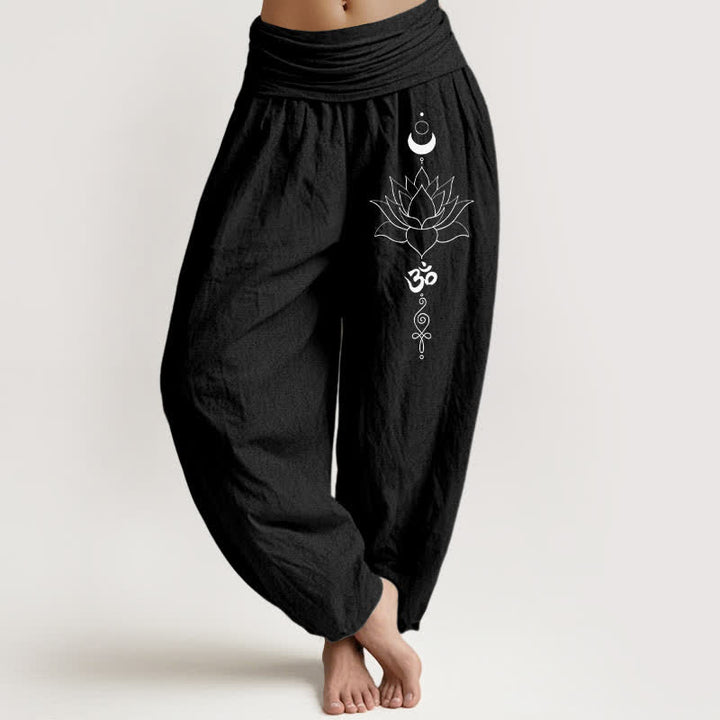 Buddha Stones Pure Cotton Lotus Moon Om Pattern Women's Elastic Waist Harem Pants - Black - US16，UK/AU20，EU48 (3XL) - image 5