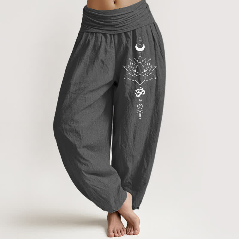 Buddha Stones Pure Cotton Lotus Moon Om Pattern Women's Elastic Waist Harem Pants - DimGray - US16，UK/AU20，EU48 (3XL) - image 11