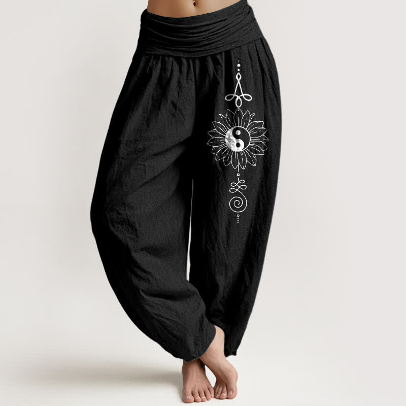 Buddha Stones Pure Cotton Sunflower Yin Yang Pattern Women's Elastic Waist Harem Pants - Black - US16，UK/AU20，EU48 (3XL) - image 5
