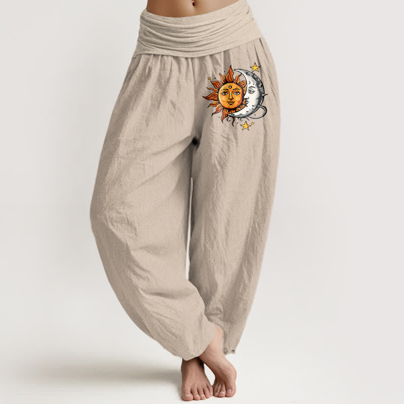 Buddha Stones Pure Cotton Sun and Moon Pattern Women's Elastic Waist Harem Pants - Tan - US16，UK/AU20，EU48 (3XL) - image 11