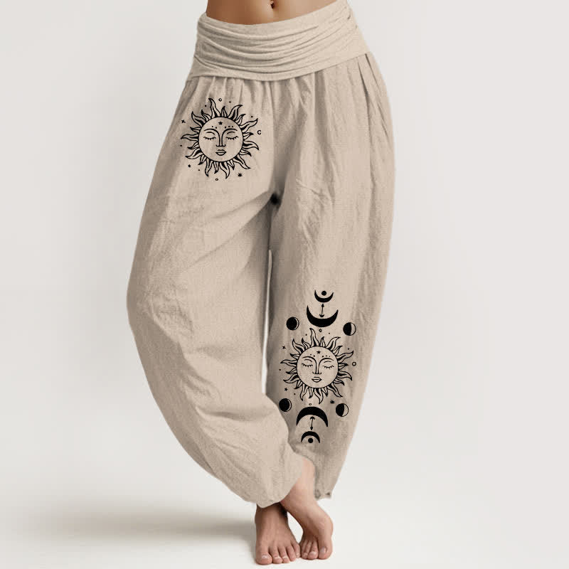 Buddha Stones Pure Cotton Sun Moon Pattern Women's Elastic Waist Harem Pants - Tan - US16，UK/AU20，EU48 (3XL) - image 11