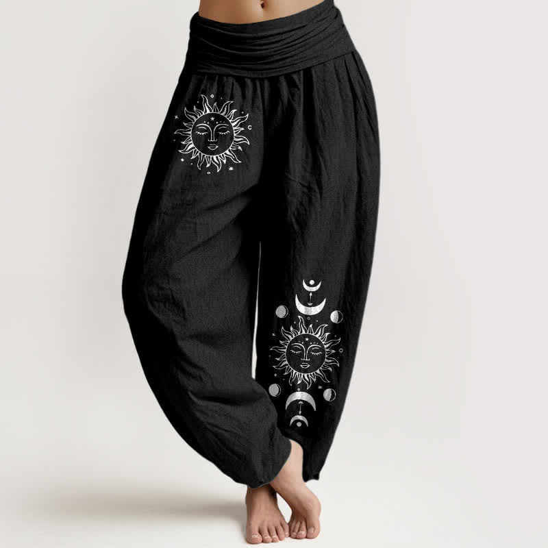 Buddha Stones Pure Cotton Sun Moon Pattern Women's Elastic Waist Harem Pants - Black - US16，UK/AU20，EU48 (3XL) - image 5