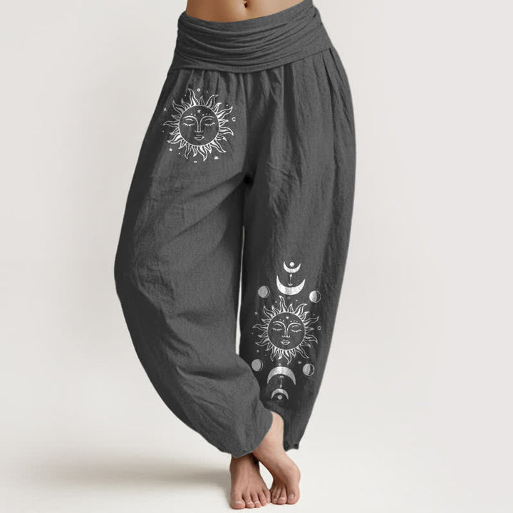 Buddha Stones Pure Cotton Sun Moon Pattern Women's Elastic Waist Harem Pants - DimGray - US16，UK/AU20，EU48 (3XL) - image 8